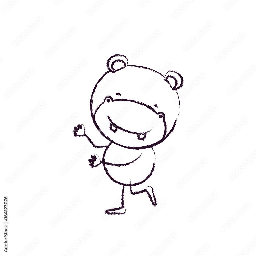 blurred sketch contour caricature with cute hippopotamus dancing vector illustration