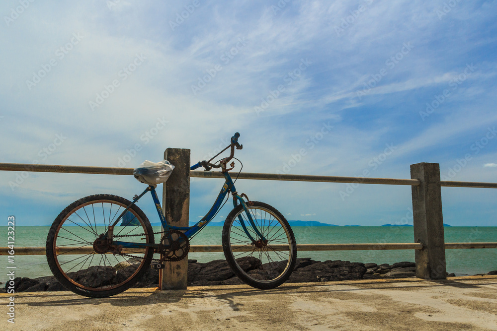 Old bike parked by the sea