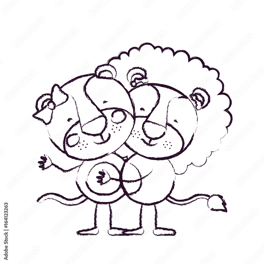 blurred sketch contour caricature with couple of lioness and lion embraced vector illustration blurred sketch contour caricature with couple of lioness and lion embraced vector illustration