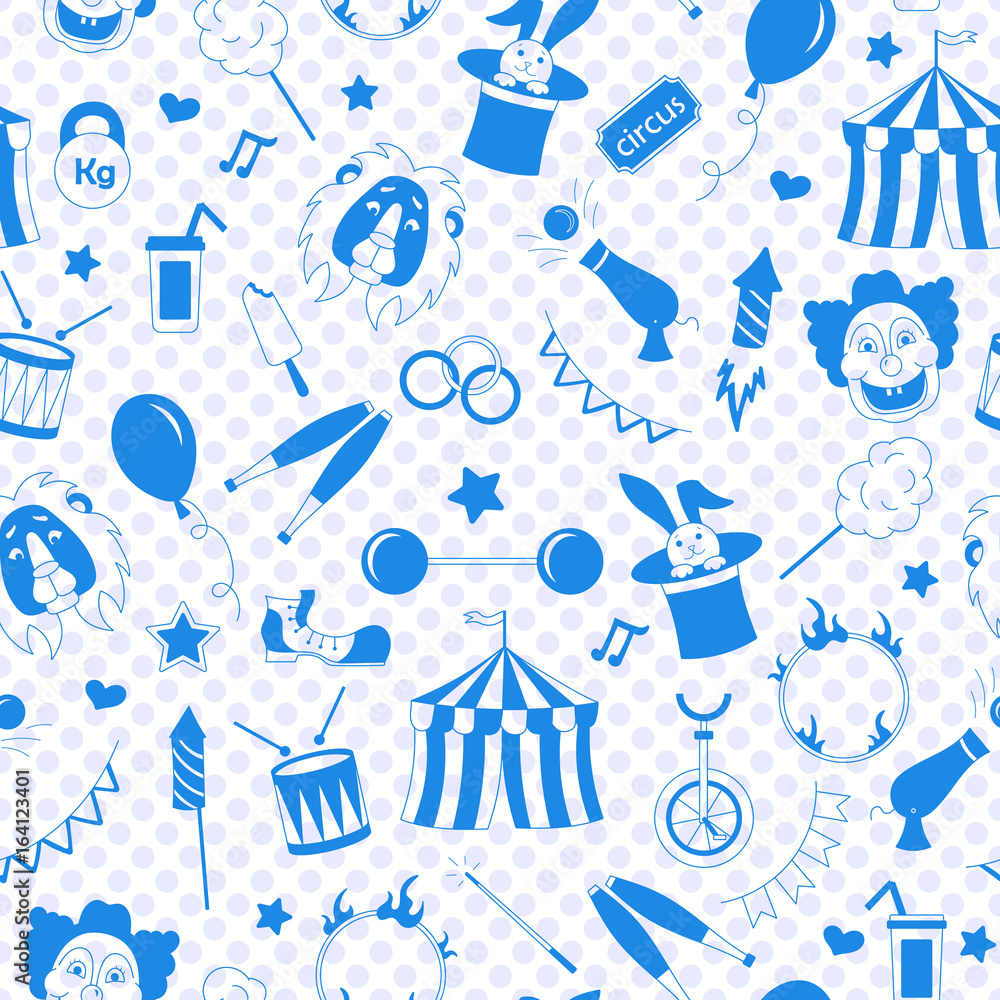 Seamless pattern on the theme of circus, a blue silhouettes of icons on the background of polka dots Seamless pattern on the theme of circus, a blue silhouettes of icons on the background of polka dots