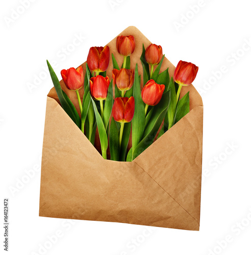 Fototapeta Naklejka Na Ścianę i Meble -  Opened craft paper envelope with red tulip flowers
