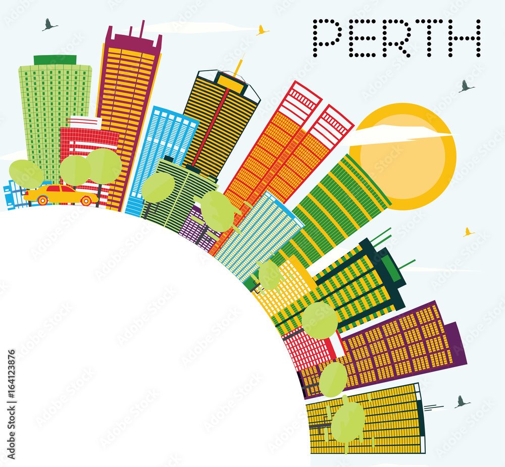 Perth Skyline with Color Buildings, Blue Sky and Copy Space.