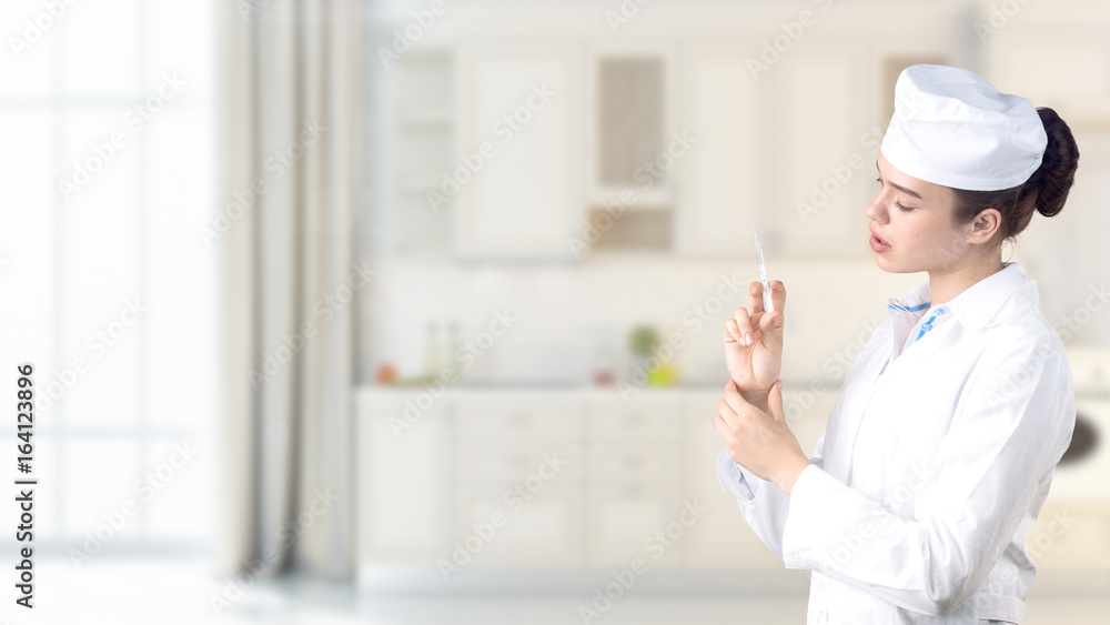 Beautiful medical woman doctor in uniform. Studio painted background. Concept of profitable health care. Beautiful medical woman doctor in uniform. Studio painted background. Concept of profitable health care.
