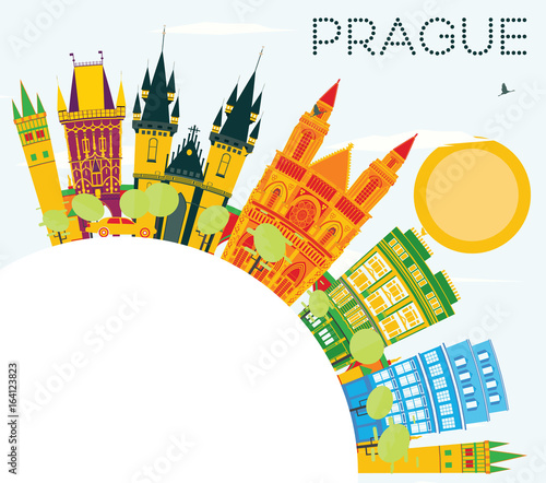 Prague Skyline with Color Buildings, Blue Sky and Copy Space.