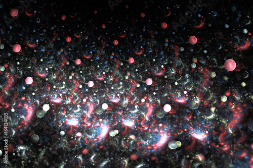 Abstract red drops and sparkles on black background. Fantasy fractal design. Psychedelic digital art. 3D rendering.