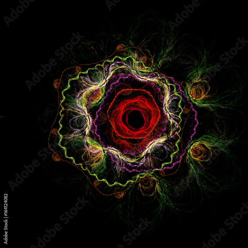 Abstract stylized rose flower on white background. Fantasy fractal design in bloody red  green and yellow colors. Digital art. 3D rendering.