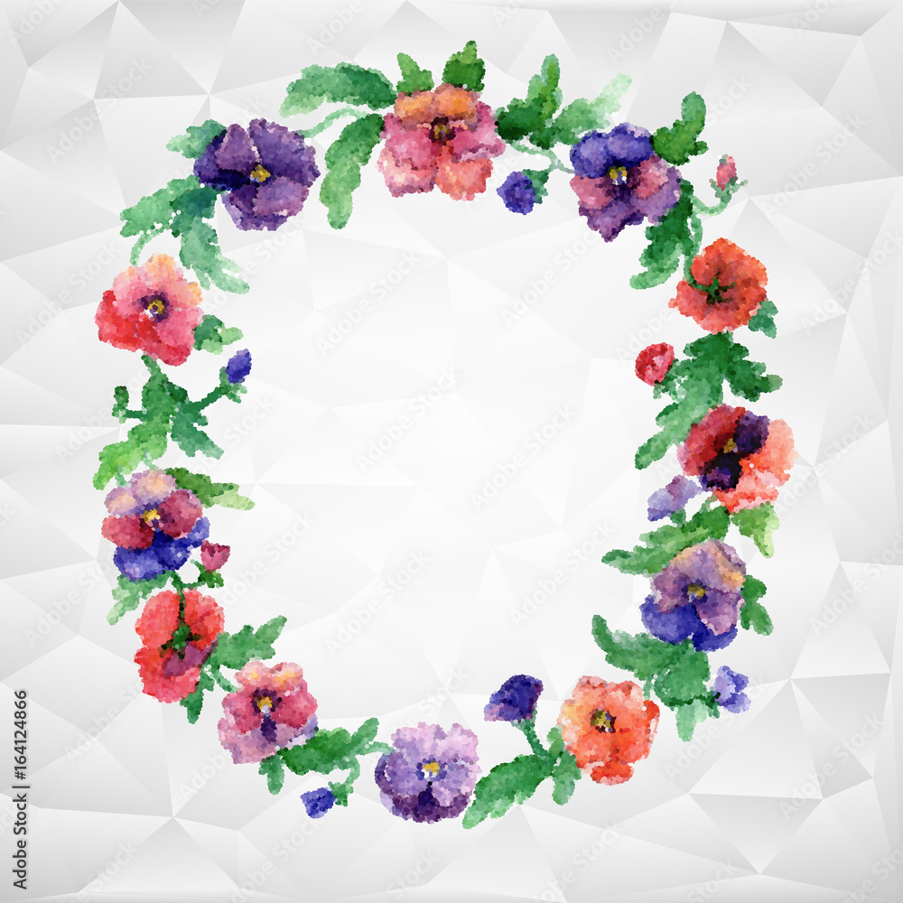 flowers with dots. Abstract background with ethnic motifs, original pattern of flowers. Floral wreath