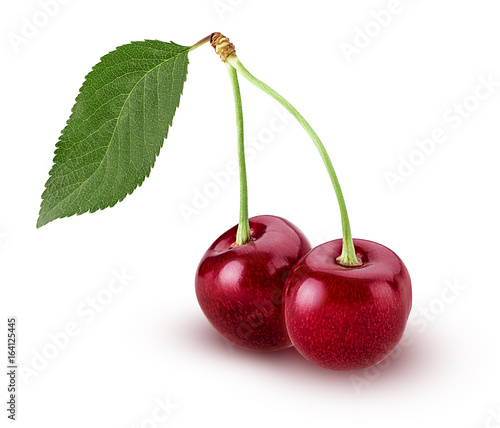 Sweet cherry berry. Two on a branch with leaf