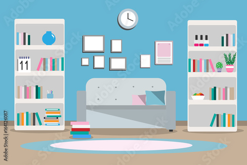 Illustration interior living room with furniture, sofa, wardrobe, books, two shelves, carpet, flat style against a blue wall background