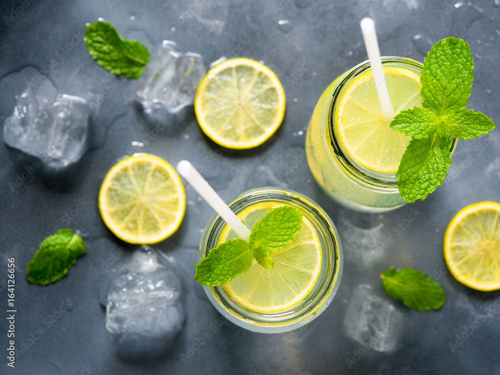 Iced lemonade with mint leaf for summer drink in top view. Iced lemonade with mint leaf for summer drink in top view.