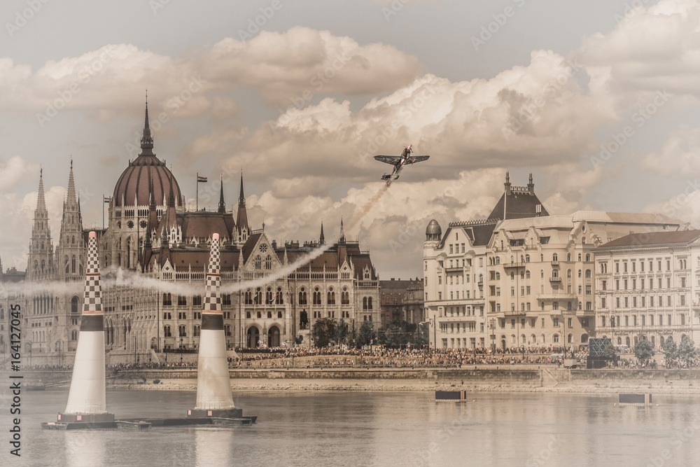 Budapest. Plane on parliament background. Red Bull Air Race