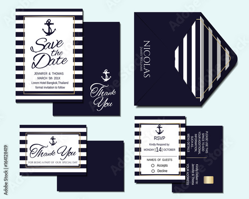 Set of Nautical Wedding Invitation Card and Marine banners. Elegant templates in white and navy blue colors. Vector/Illustration