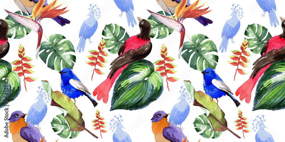 Obraz premium Sky birds of paradise pattern in a wildlife by watercolor style. Wild freedom, bird with a flying wings. Aquarelle bird for background, texture, pattern, frame, border or tattoo.