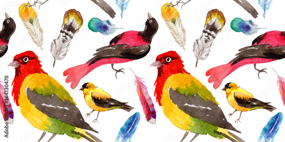 Fototapeta premium Sky birds of paradise pattern in a wildlife by watercolor style. Wild freedom, bird with a flying wings. Aquarelle bird for background, texture, pattern, frame, border or tattoo.