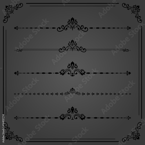 Vintage set of decorative horizontal dark elements. Horizontal separators in the frame. Collection of different ornaments. Classic patterns. Set of vintage patterns