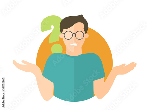 Flat design icon. Handsome man in glasses doubts. Guy with a question mark. Simply editable isolated vector illustration