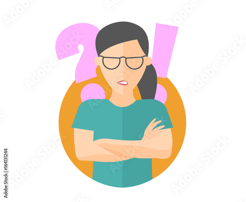 Pretty girl in glasses angry doubts, offended. Flat design icon. Woman with a question and exclamation marks. Simply editable isolated on white vector sign