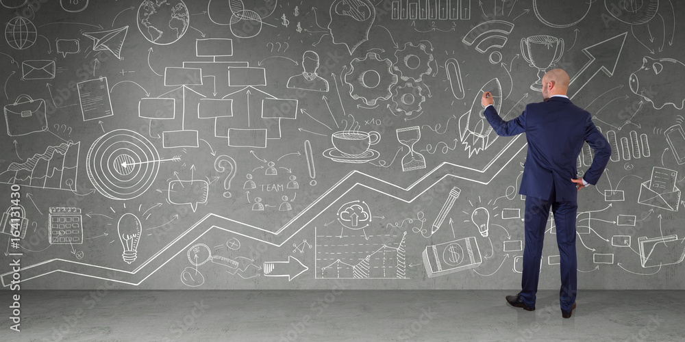 Businessman drawing a project sketch on a wall 3D rendering Businessman drawing a project sketch on a wall 3D rendering