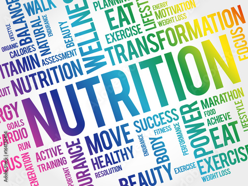 Nutrition word cloud collage, health concept background