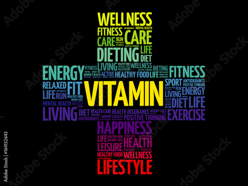 VITAMIN word cloud collage, health cross concept