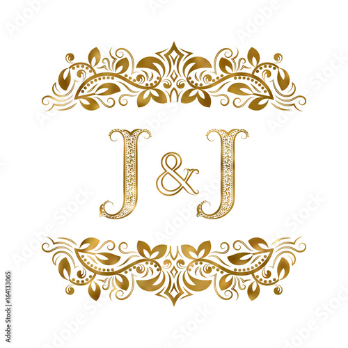 J and J vintage initials logo symbol. The letters are surrounded by ornamental elements. Wedding or business partners monogram in royal style.
