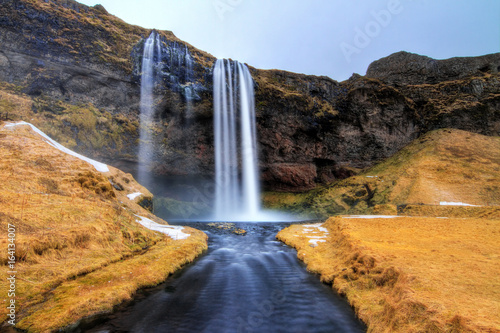 Beautiful view of the Seljalandsfoss waterfall in Iceland in winter