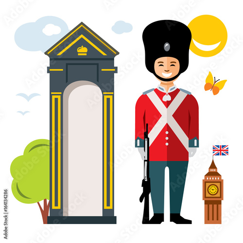 Vector British guardsman. Flat style colorful Cartoon illustration.