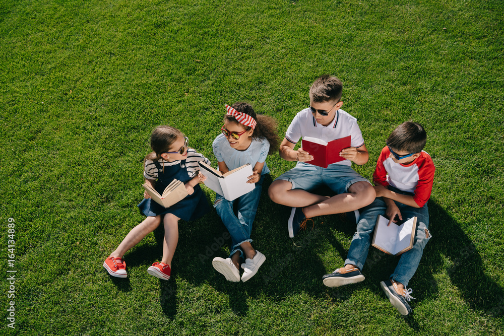 Cheerful multiethnic children in sunglasses reading books on green meadow