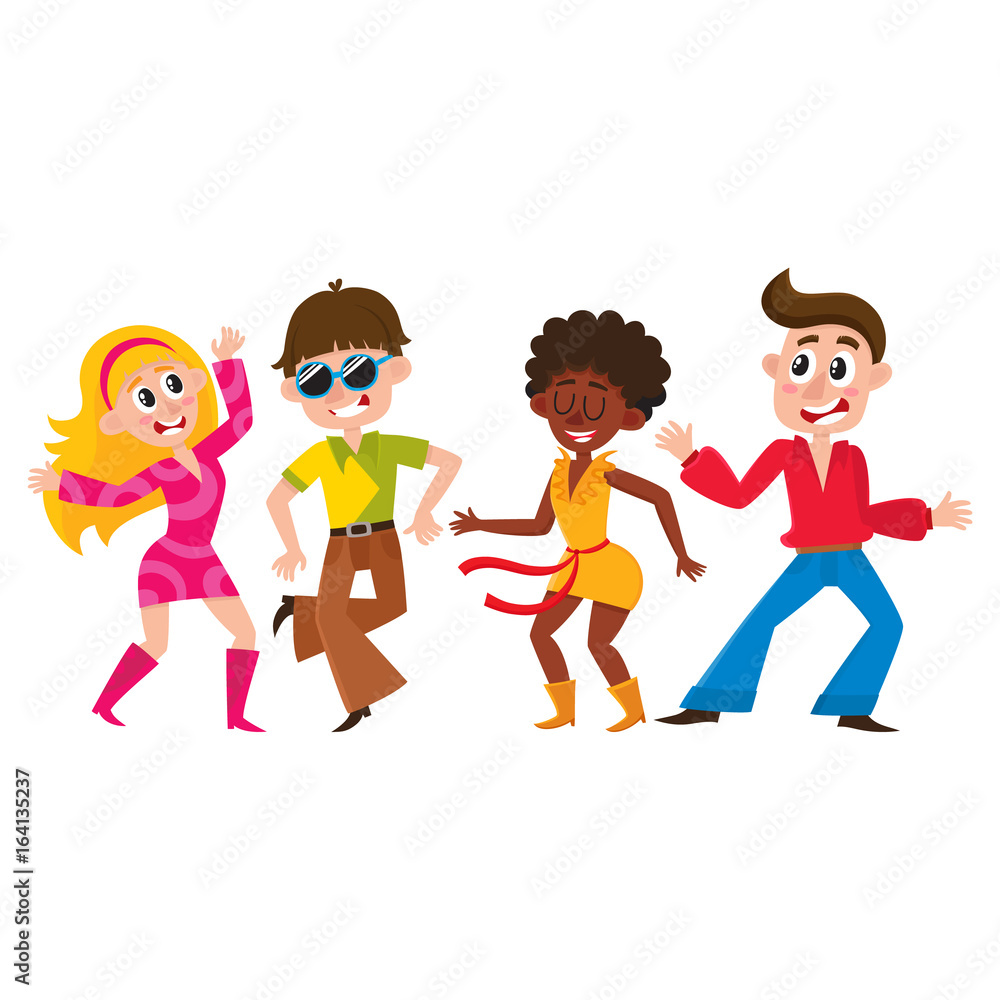 Set of retro disco dancers, black and Caucasian boys and girls, men and women, cartoon vector illustration isolated on white background. Men and women in colorful clothes dancing at retro disco party