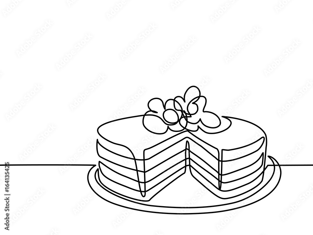Continuous line drawing of big cake. Vector illustration black line on
