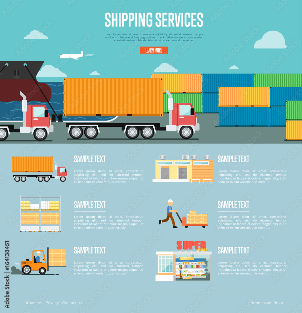 Shipping services infographics in flat style. Maritime and air freight shiping, warehousing and storage logistics, retail distribution and goods delivery. Worldwide business vector illustration. Shipping services infographics in flat style. Maritime and air freight shiping, warehousing and storage logistics, retail distribution and goods delivery. Worldwide business vector illustration.