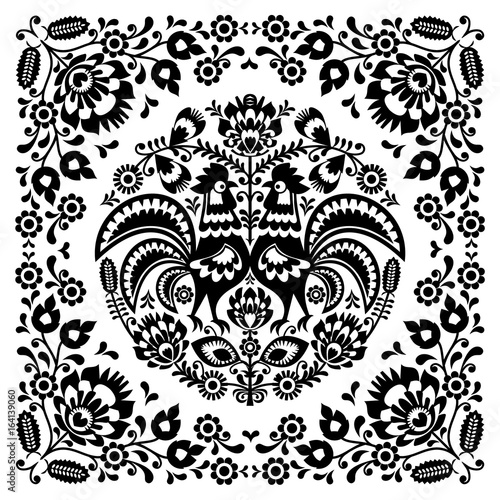 Polish floral folk art square pattern with rooster 