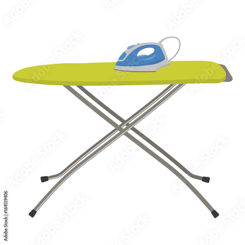 Blue iron and green ironing board isolated on a white background. Vector flat illustration.