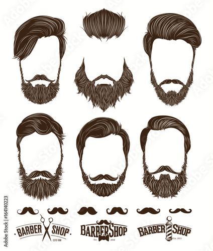 Hairstyle and beard hipster fashion, Barbershop Emblems set vector illustrations