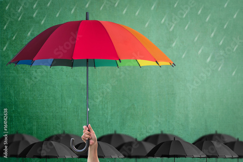 Life-health Insurance protection or business financial leadership concept with leader's hand holding rainbow umbrella on green chalkboard  photo