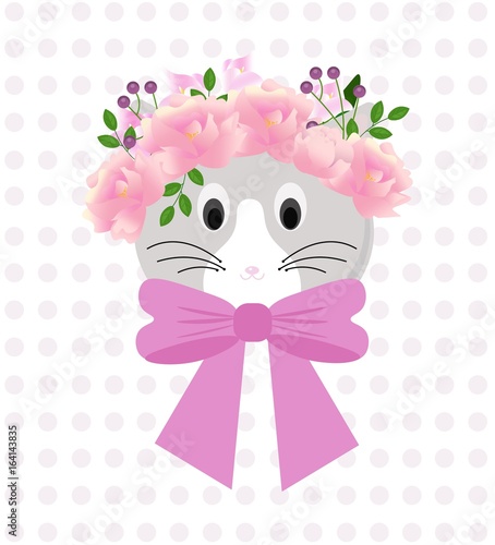 Cute kitten design with summer flowers and bow. Vector illustration cartoon c...