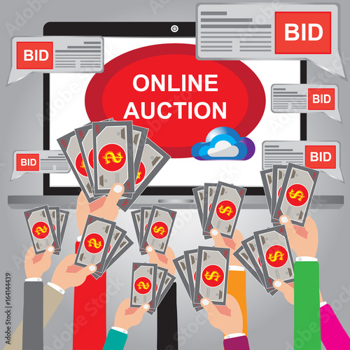 Auction Online concept with web site in a laptop - Hand holding moneys for bid online with web site - Auction of concept