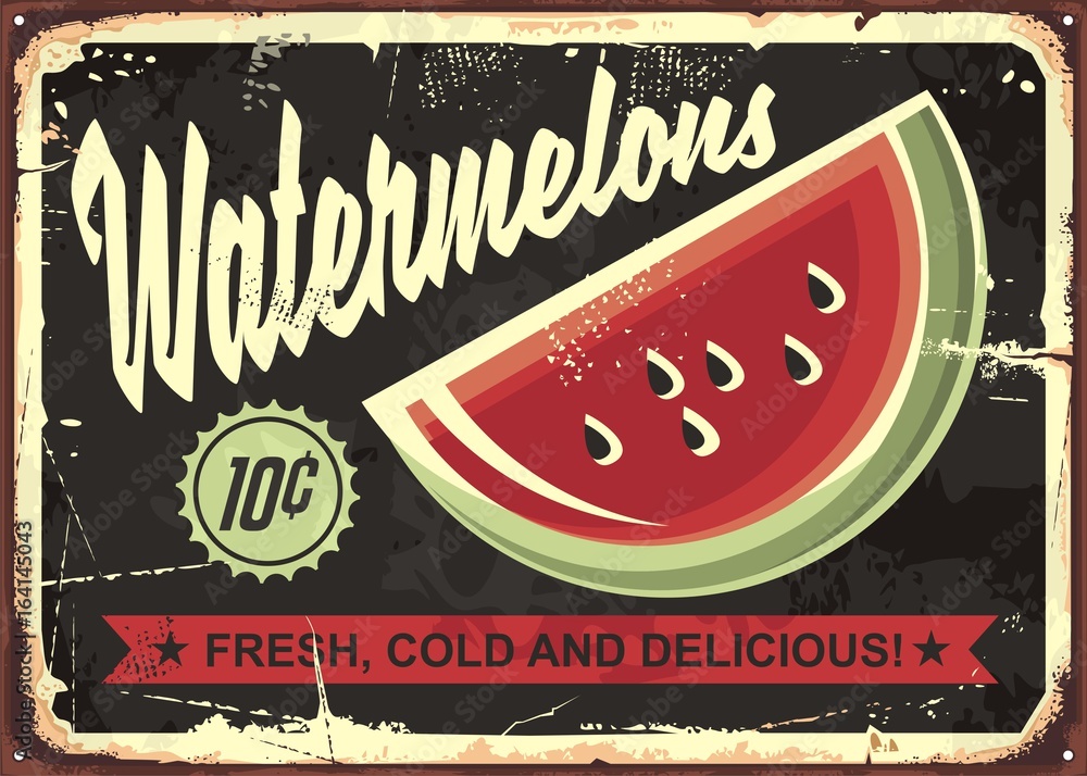 Watermelons retro advertise with watermelon slice on dark, black ...