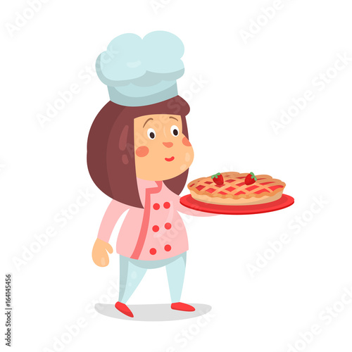 Cute cartoon little girl chef character with strawberry pie cake vector Illustration
