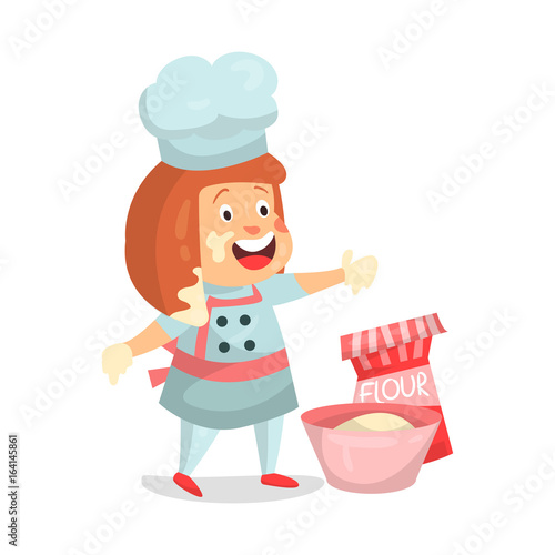 Cute cartoon little girl chef character baking vector Illustration