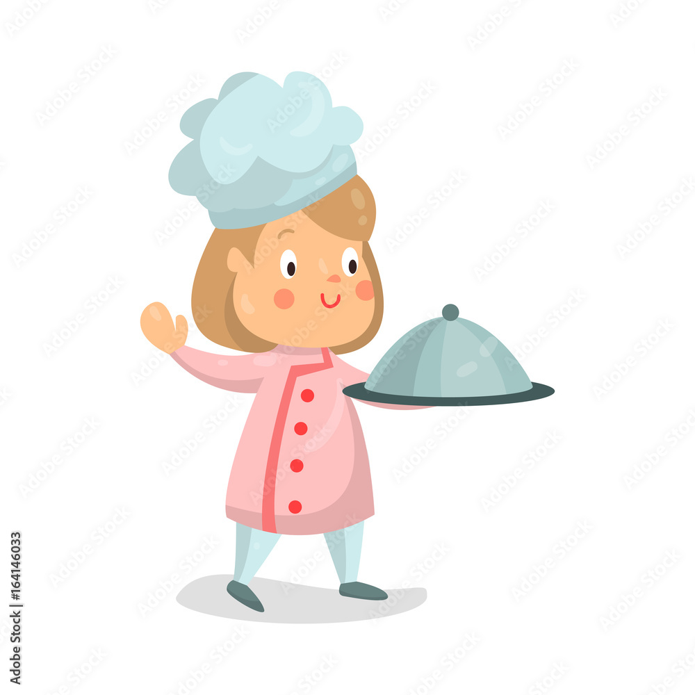 Cute cartoon little girl chef character holding cloche platter vector Illustration Cute cartoon little girl chef character holding cloche platter vector Illustration