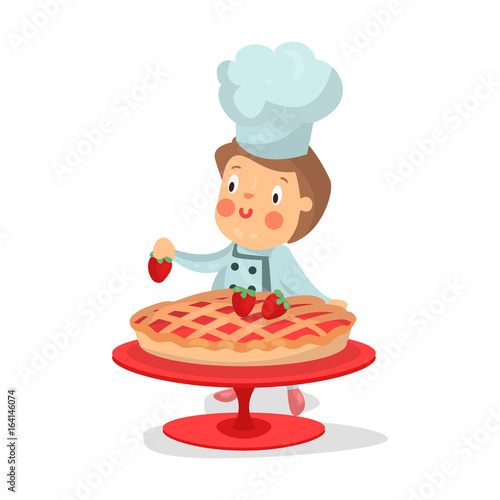 Cute cartoon little boy chef character baking strawberry cake vector Illustration