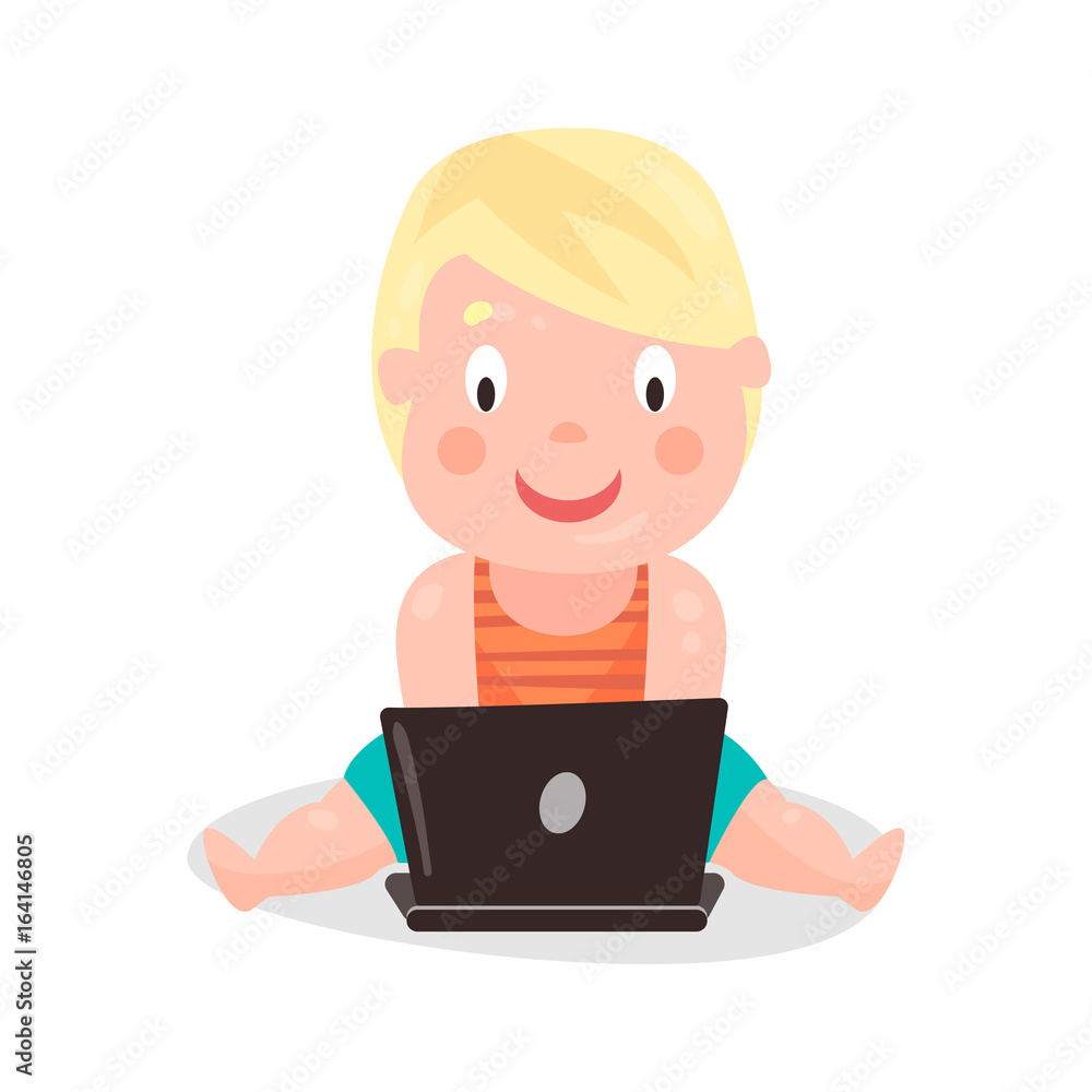 Cute cartoon toddler boy sitting on the floor and playing using laptop colorful character vector Illustration Cute cartoon toddler boy sitting on the floor and playing using laptop colorful character vector Illustration