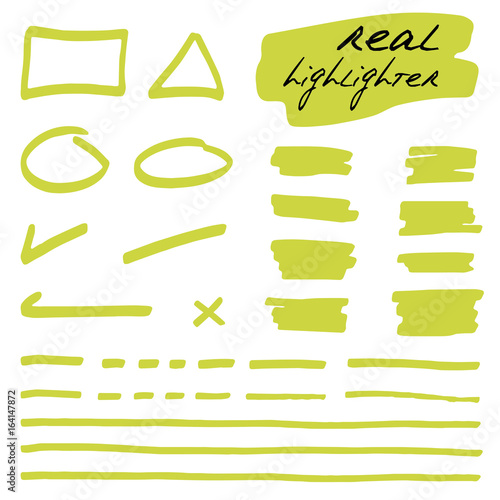 Hand-drawn shapes and lines - real highlighters. Green. Vector set. Isolated on white background. Use for note, illustrations and decorations texts, articles, slideshow etc. Eps 10