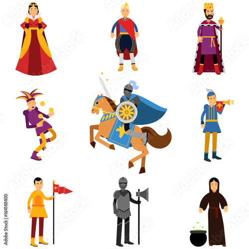 Medieval characters in the historical costumes of medieval Europe set of vector Illustrations