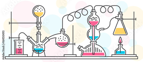 A chemical reaction consisting of flasks and tools in a chemical laboratory, performed in a line style. Vector color illustration. Possible reconfiguration.