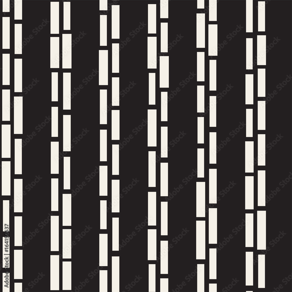 Black and White Irregular Dashed Lines Pattern. Modern Abstract Vector Seamless Background. Chaotic Rectangle Stripes Mosaic