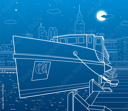 Ship on the river. Nigt city in the background. White lines transportation illustration. Vector design art