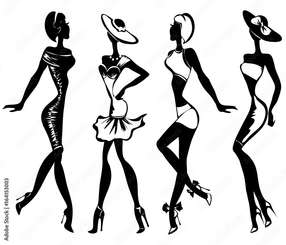 Black and white retro fashion model silhouette. Hand drawn vector illustration