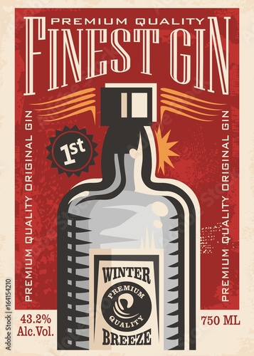 Finest gin retro poster ad with gin bottle on old paper texture